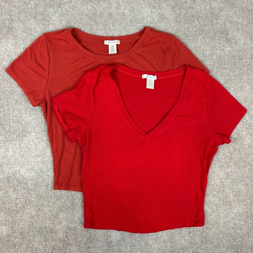Lot Of 2 Bozzolo Cropped Top Womens Large Red Stretch Knit Ribbed Short Sleeve